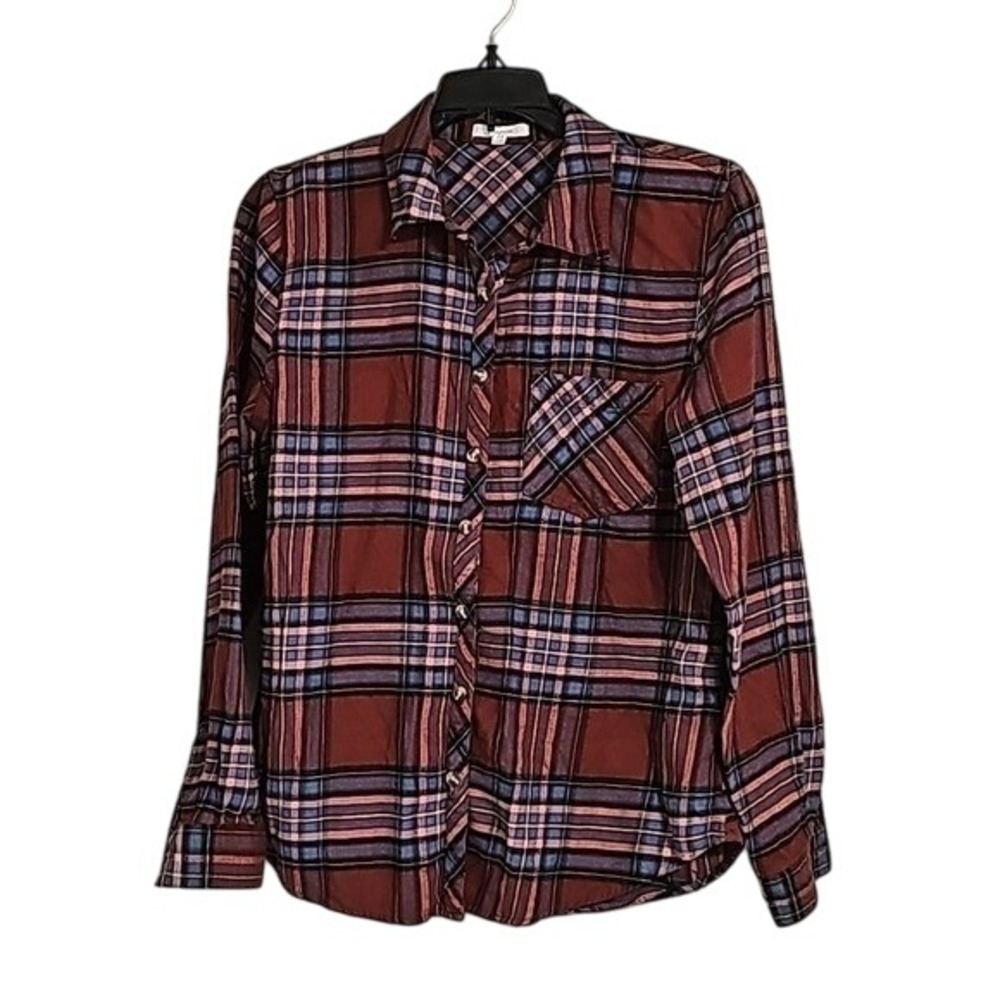 Maurices Brown Flannel Plaid Button Up Shirt‎ Top Size S EUC